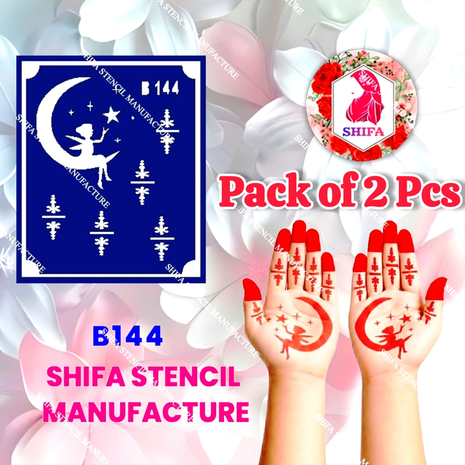B144 (age 5 to 10) Twilight Star Fairy Dream Double Hand Henna Stencil - Shifa Stencil